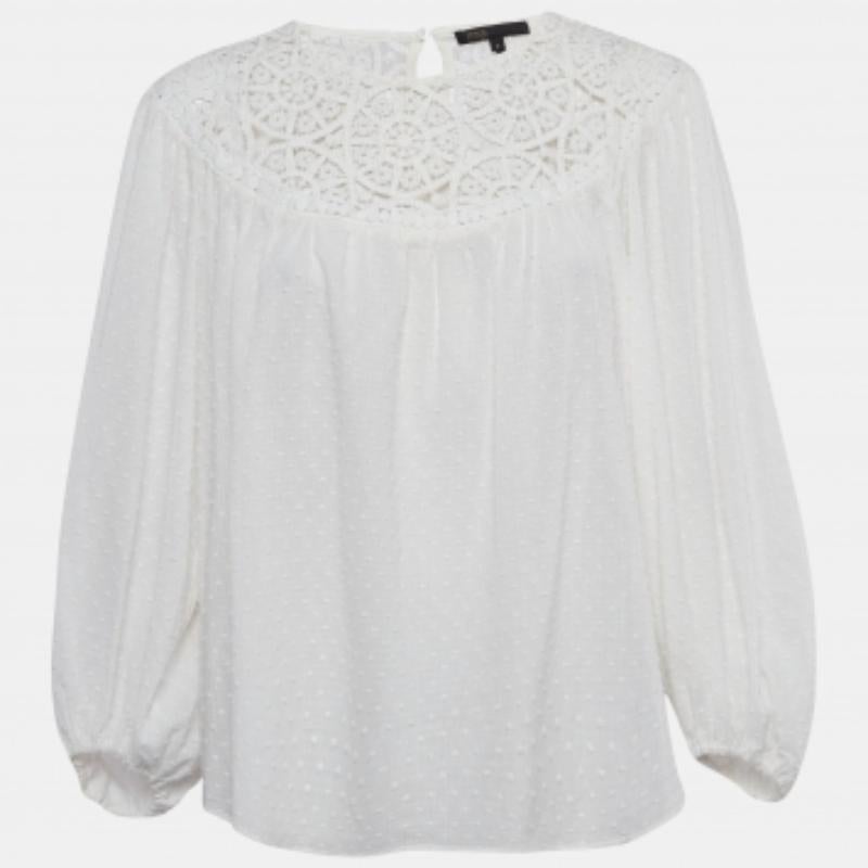 Maje Blusa blanca de algodón texturizado con canesú de ganchillo M