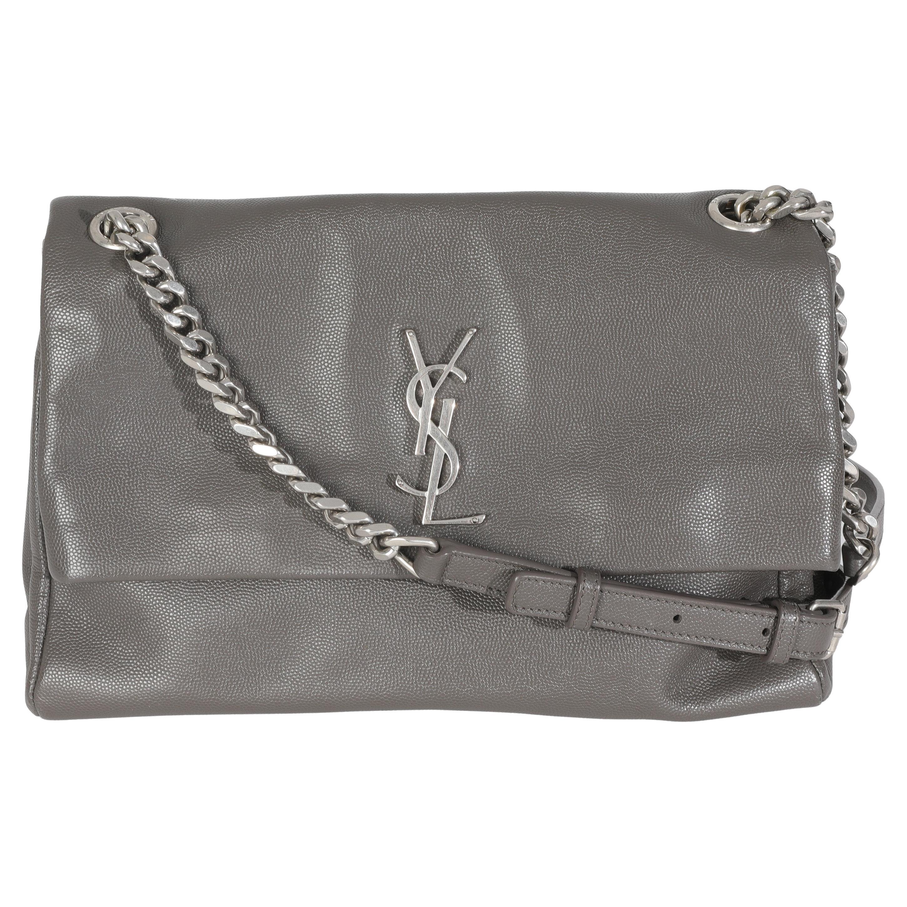 Saint Laurent Grey Grained Calfskin Medium West Hollywood Monogram Fold Over Bag For Sale