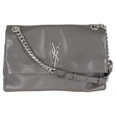 Saint Laurent Grey Grained Calfskin Medium West Hollywood Monogram Fold Over Bag
