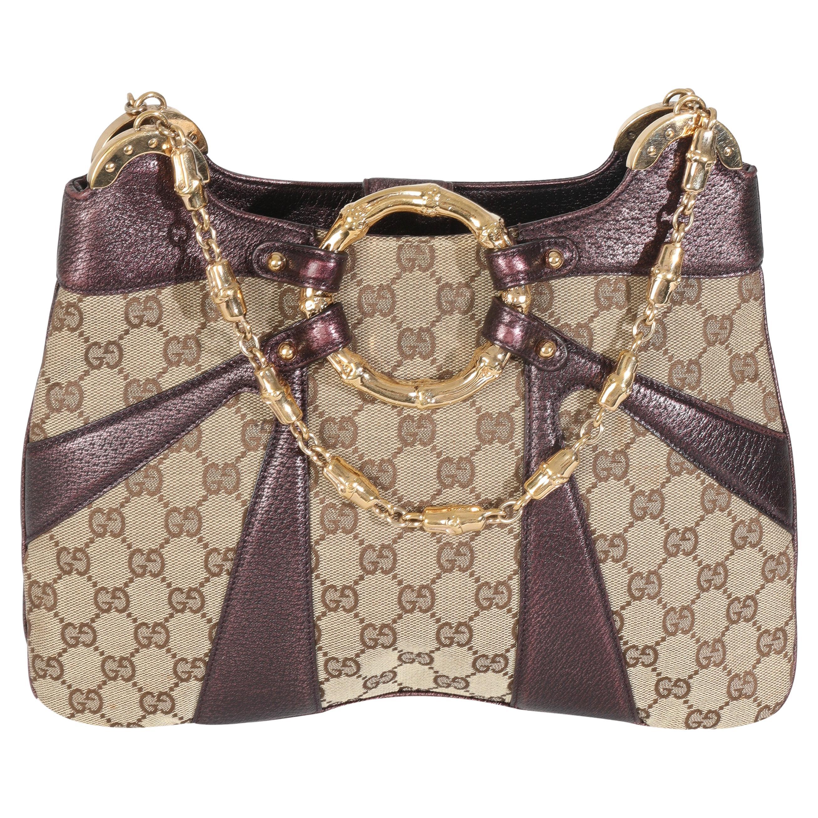 Gucci Tom Ford Metallic Purple Beige Monogram Bamboo Chain Borsa a tracolla