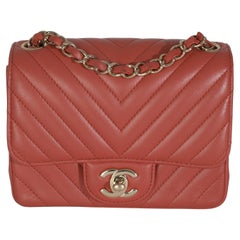 Chanel Coral Chevron Calfskin Quilted Mini Square Flap Bag