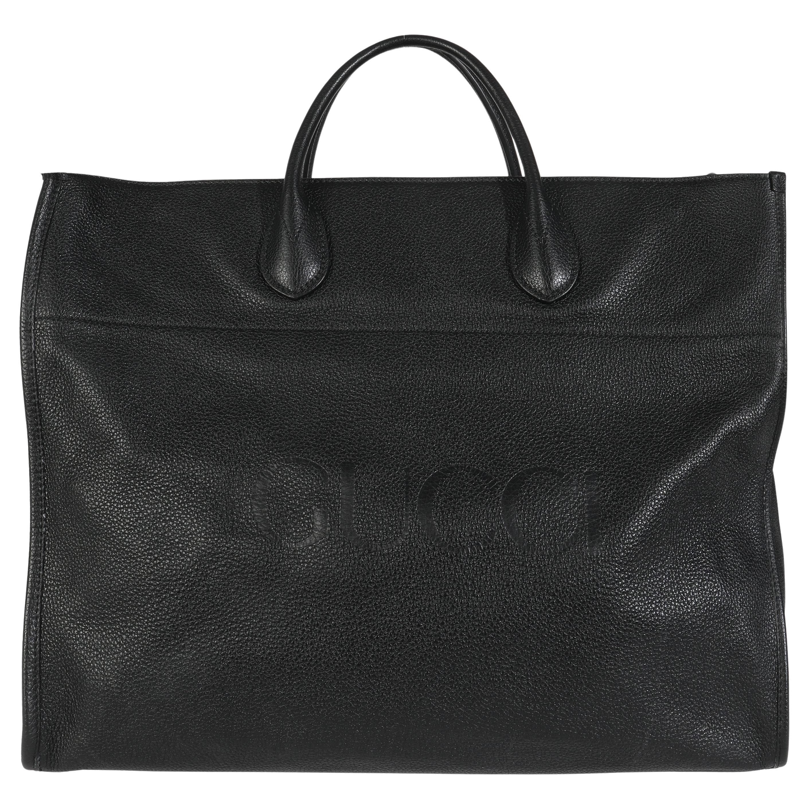 Gucci Große Tote Tasche mit Logo aus schwarzem Kieselsteinleder