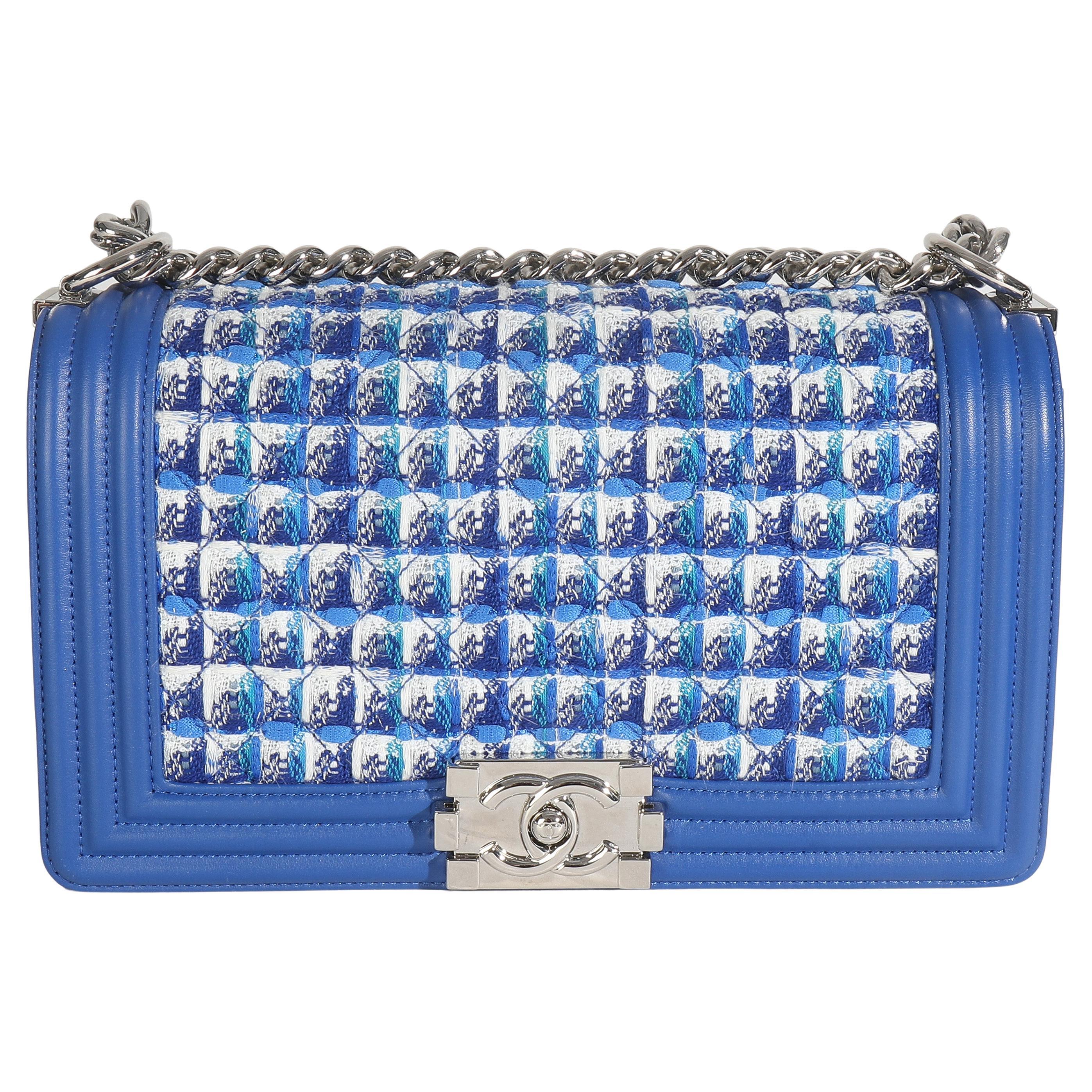 Chanel Blue Lambskin Quilted Tweed Old Medium Boy Bag