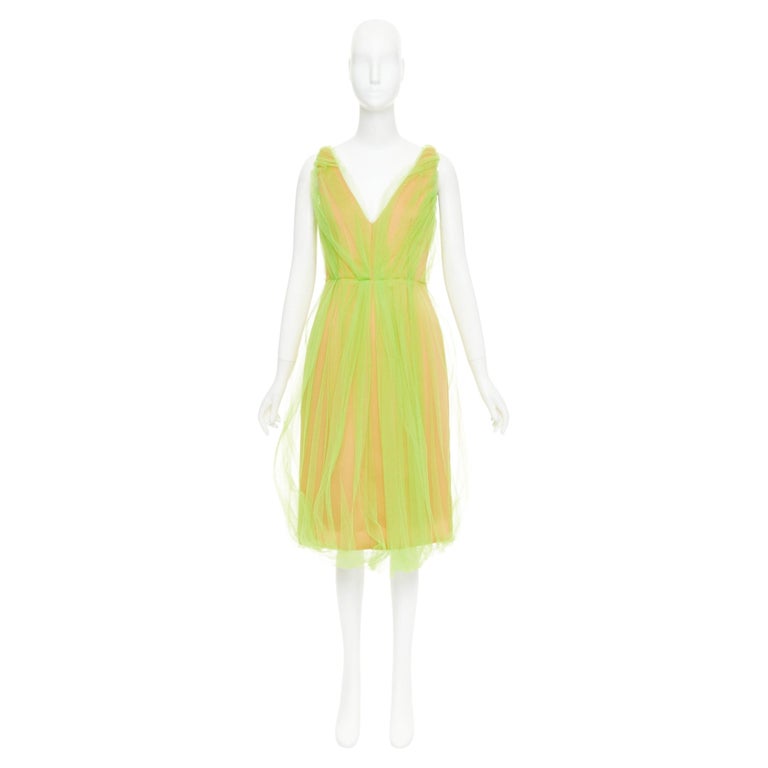 prada neon green dress PRADA 2018 Runway neon green Technical Tulle Overlay V-Neck Bubble Dress  IT42 M For Sale at 1stDibs
