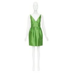 PRADA 2022 Kelly green duchess silk V-neck sweetheart mini dress IT40 S