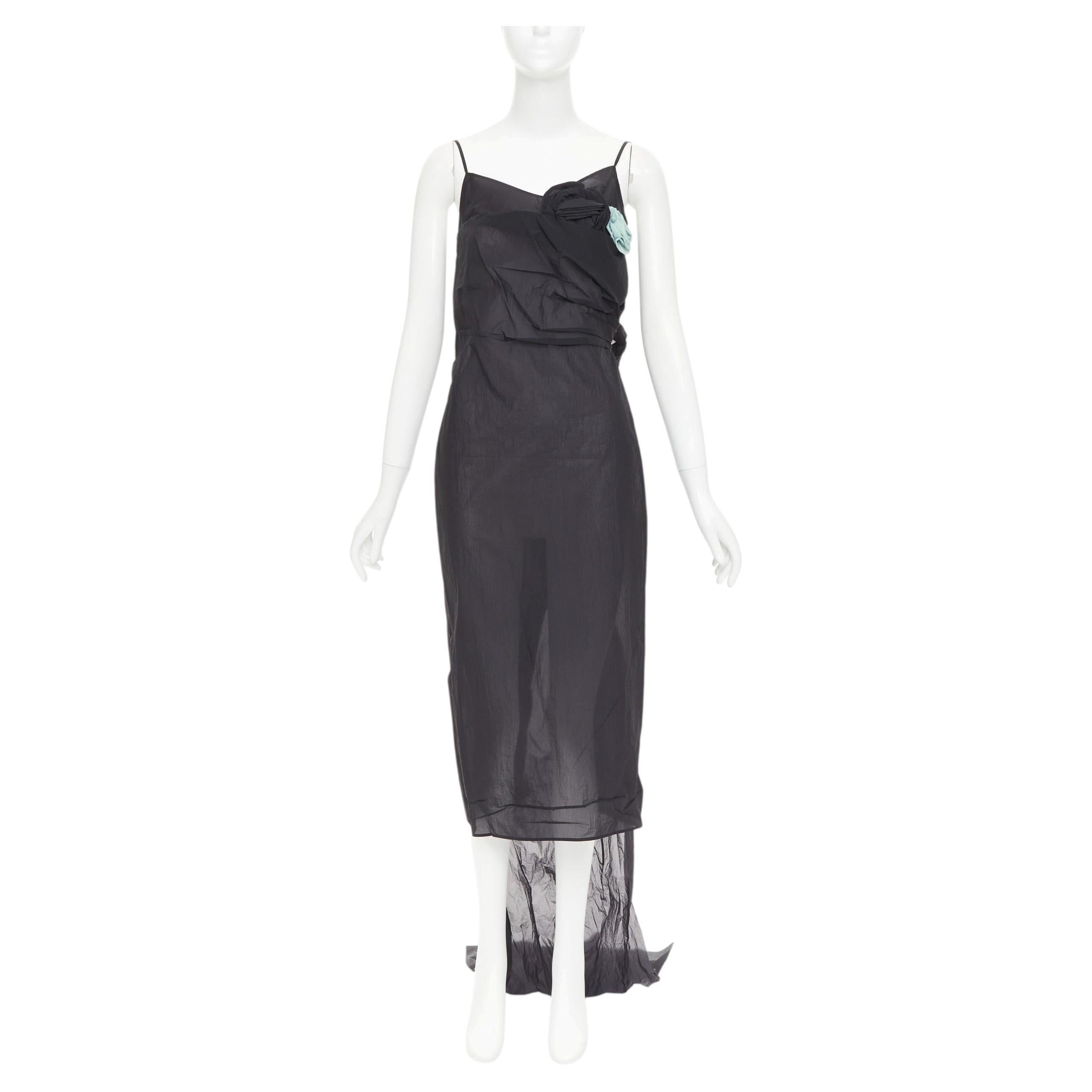Pre-owned Prada 2023 Runway Black Crinkled Re-nylon Crepe Rosette Draped Slip Gown It38 Xs