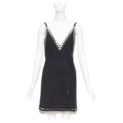 rare MIU MIU 2021 Runway charcoal wool crystal stud chainmail slip dress IT38 XS