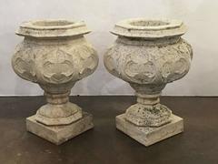 Pair of English Garden Stone Urns in the Gothic Style