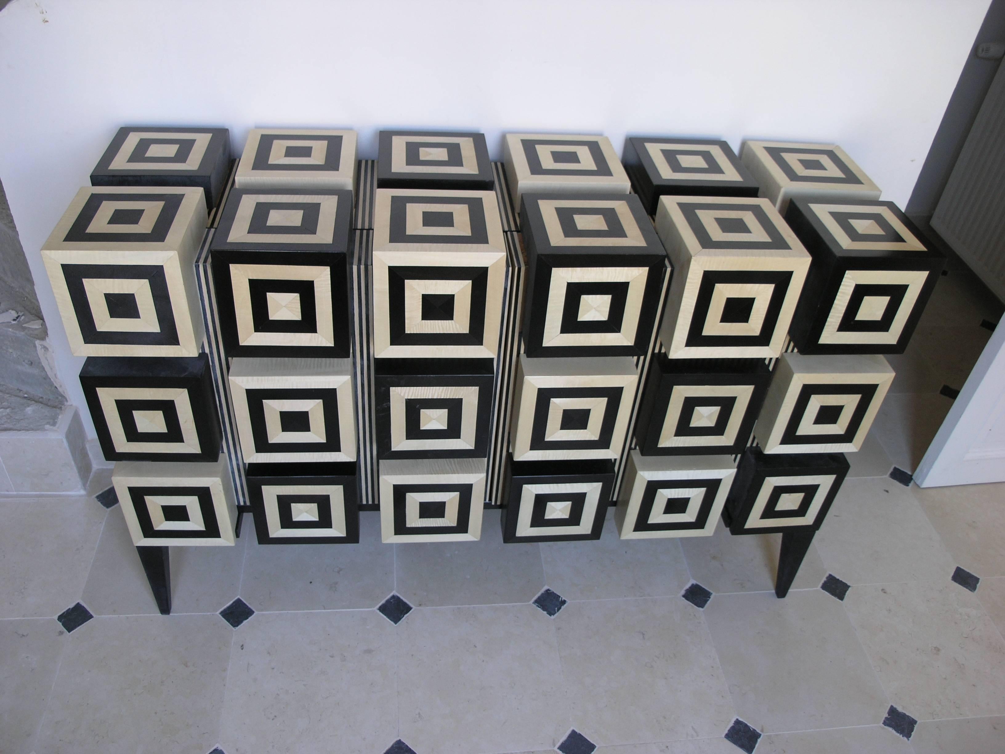 Modern Buffet “Ondulation” In wkite and Black Sycomore Marquetery by Aymeric Lefort For Sale