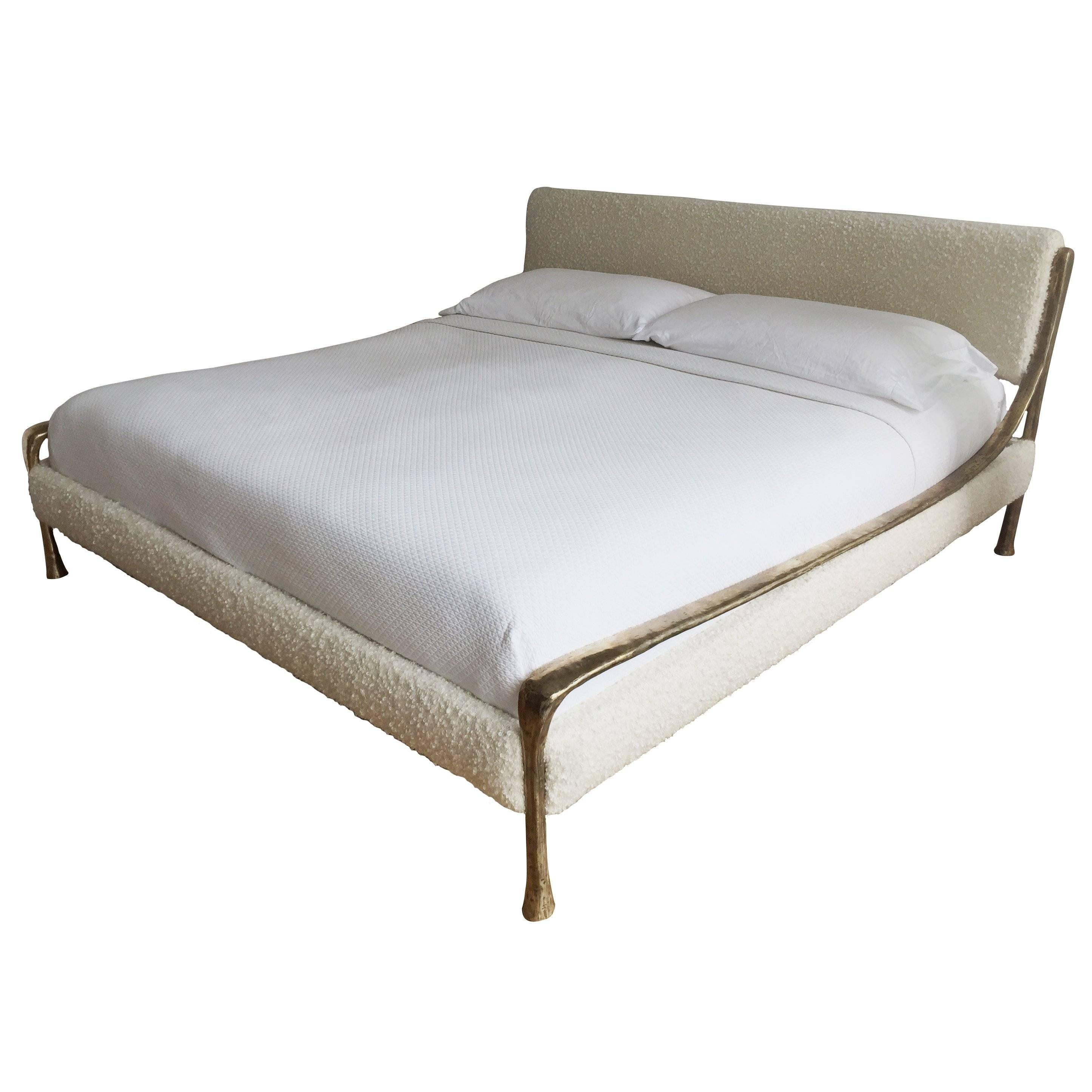 Contemporary Giac Bed w/ Hand-Carved & Cast Bronze Frame & Upholstered Detail For Sale