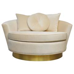 Milo Baughman Brass Base Oversized Chaise Chair in White Mohair