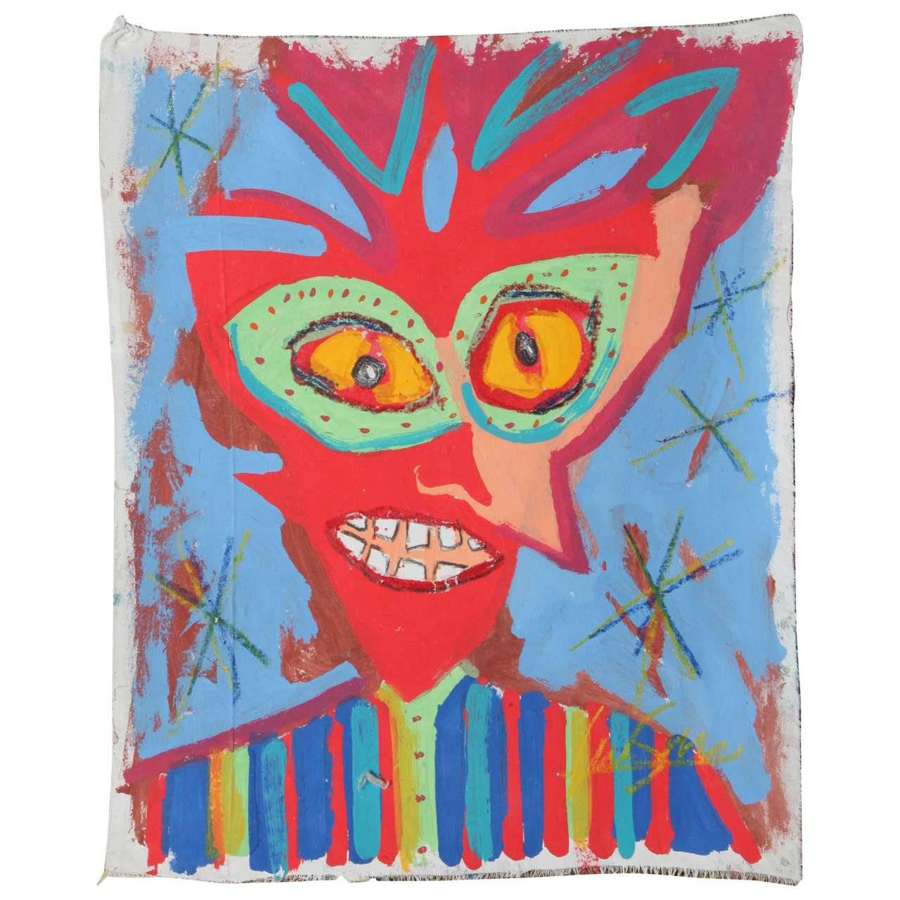Using brightly saturated colors this painting demands attention with its’ unique subject matter. This portrait depicts a flaming red character with contrasting chartreuse cat eyeglasses to frame their piercing yellow eyes. With basic brush strokes