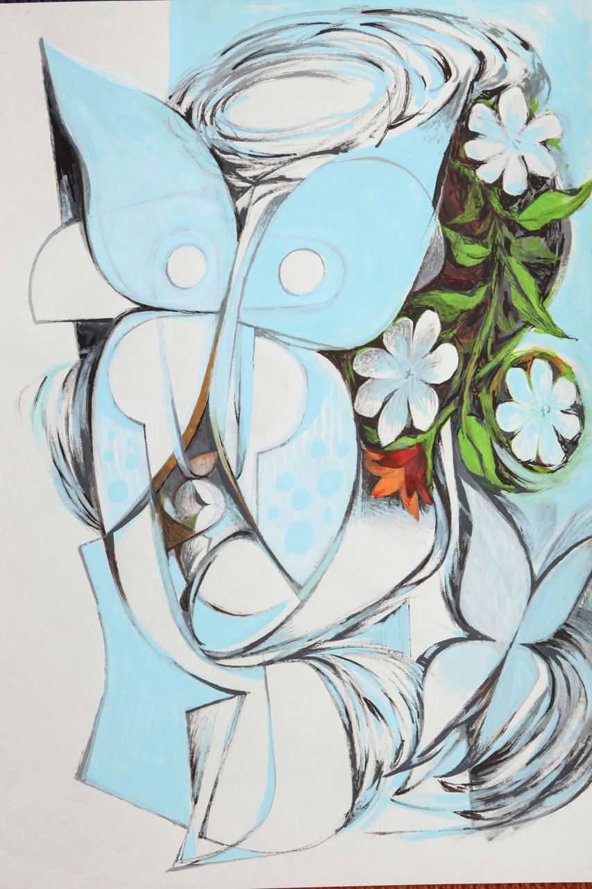'Lady Butterfly' is Contemporary Piece of Art with a character twist.
Classic media painting (acrylic, pencil, ink) on watercolor paper. Being Baby Blue the color that highlights the painting. Interesting superimposition of multi characters. Estudio