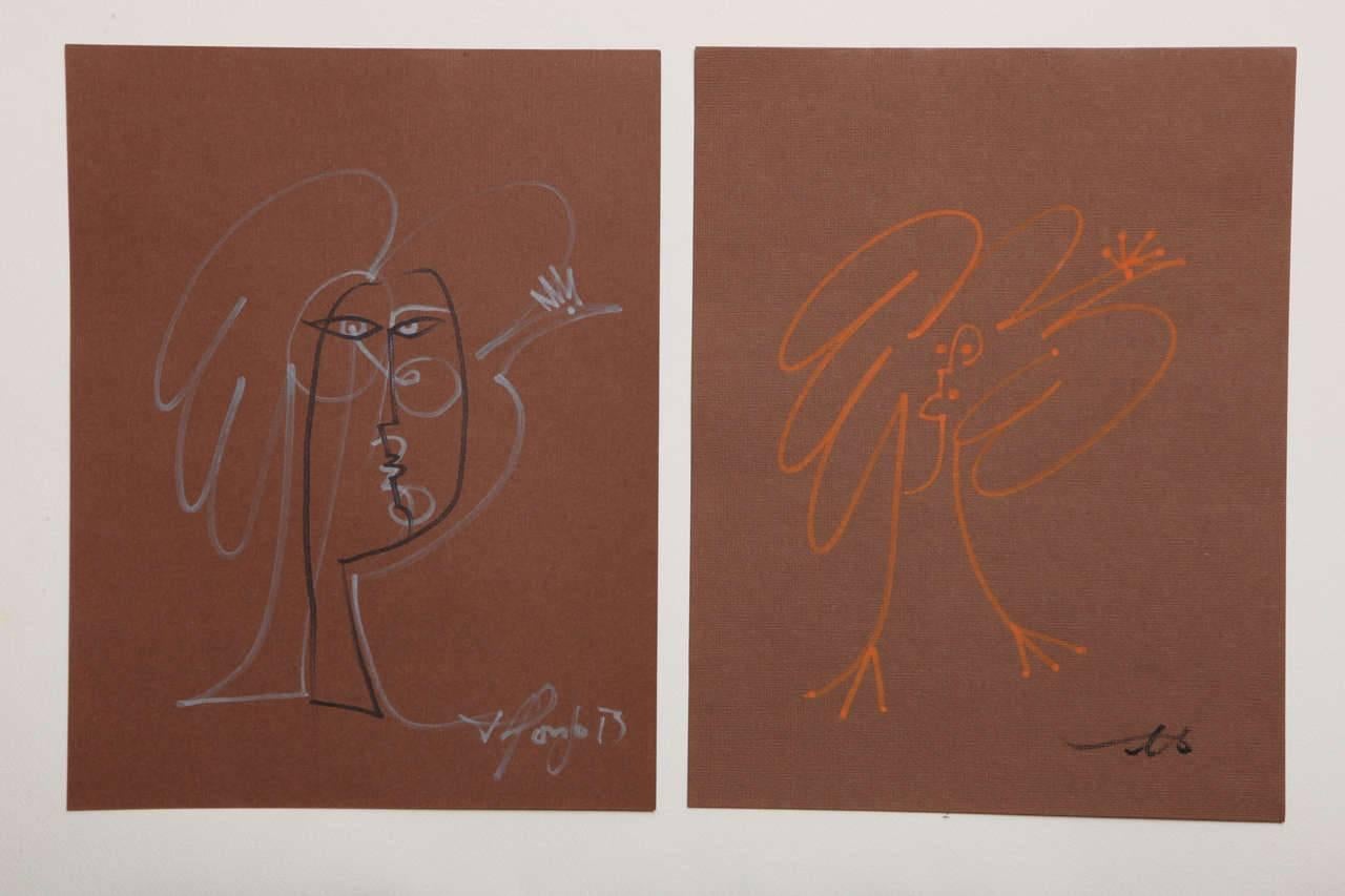 These original avant garde drawings by artist Alfonzo Muñoz were drawn using construction paper, pastels, pencils and the gift of talent. Mixed Media. They are simple yet thoughtful works. The picture is a combination of a rooster and a face,