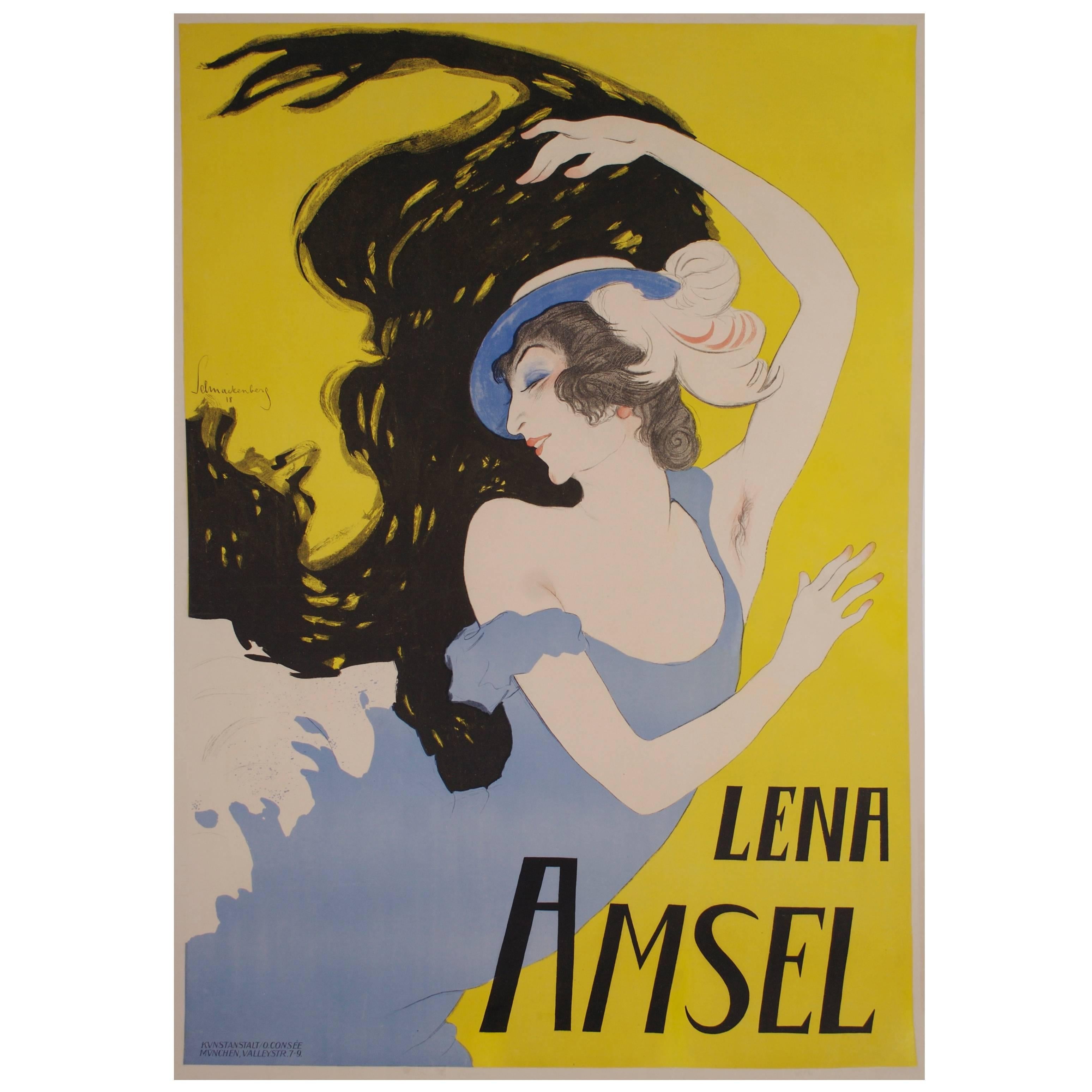Rare original German theatre poster by Walter Schnackenberg, 1918. This is a full size (49 1/4&quot; x 33 7/8&quot;) original stone lithograph created for a performance by Lena Amsel (1898-1929), a Polish born actress and dancer who was popular in