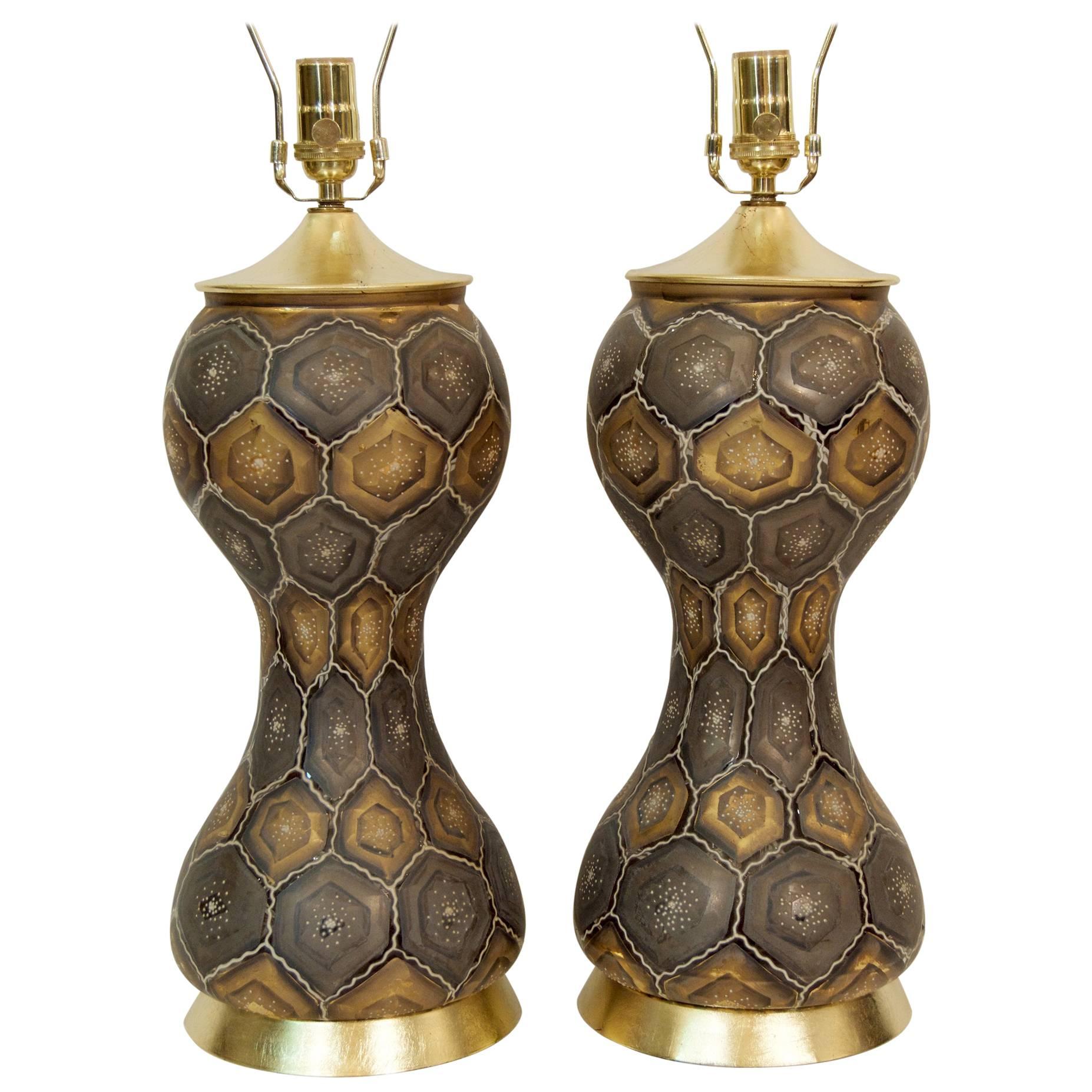 Pair of Moroccan Style Painted Glass Table Lamps with Gold Leaf Accents