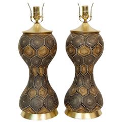 Vintage Pair of Moroccan Style Painted Glass Table Lamps with Gold Leaf Accents