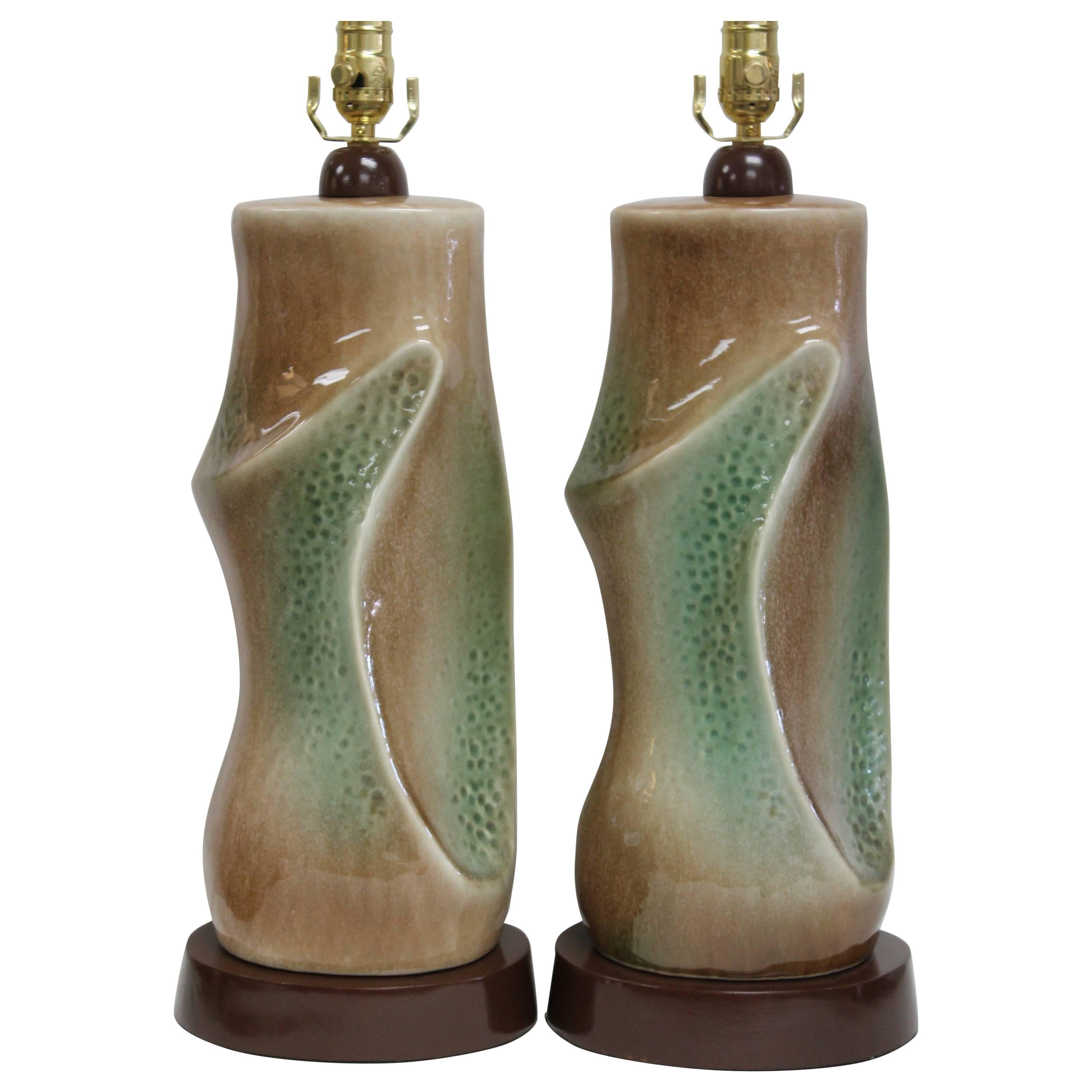 Pair of Ceramic Brown and Green Lamps For Sale