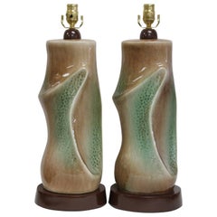 Retro Pair of Ceramic Brown and Green Lamps