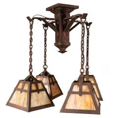 Antique Arts and Crafts Four-Arm Chandelier with Slag Glass Shades, circa 1910