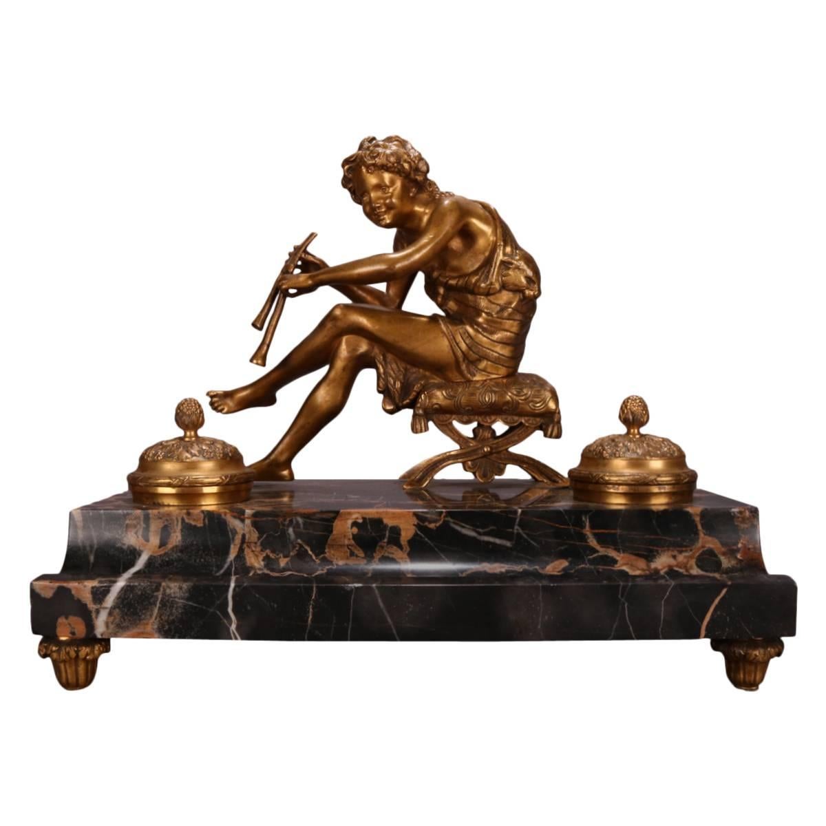 Antique French Marble and Bronze Pan Figural Ink Well, circa 1880