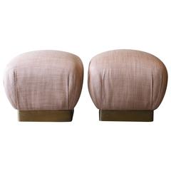Pair of Marge Carson Poufs with Antique Brass Base