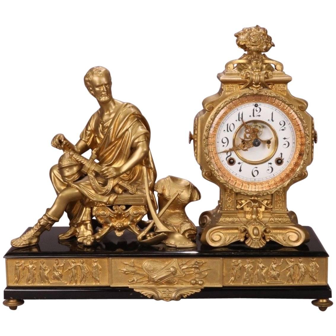 Antique Ansonia Bronzed White Metal Figural Mantel Clock, circa 1880