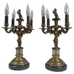 Pair of Bronze and Crystal Four-Light Cherub Candelabras, Late 19th Century