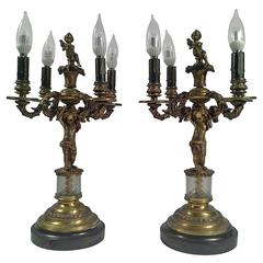 Pair of Bronze and Crystal Four-Light Cherub Candelabras, Late 19th Century 12