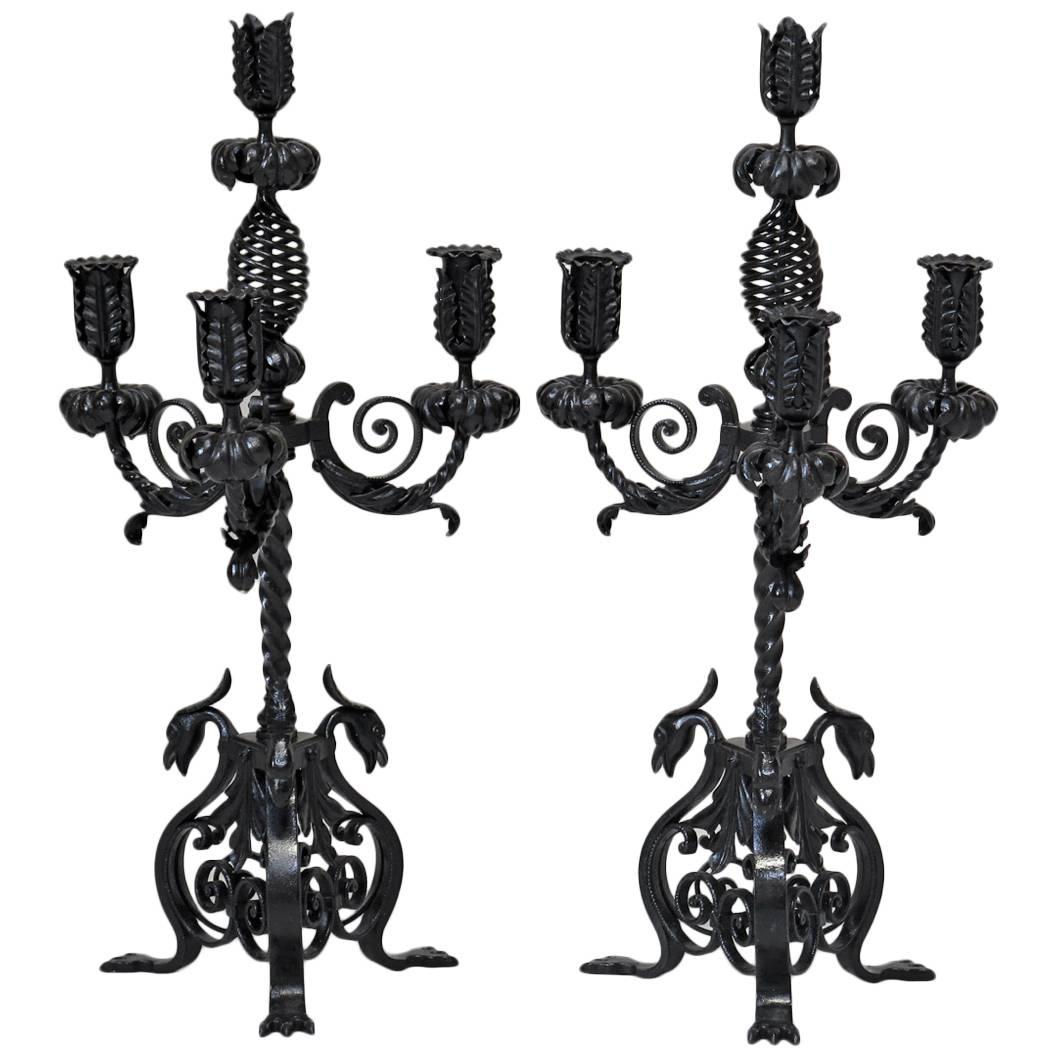 Pair of Iron Candelabras with Phoenix Decor, France, circa 1880s For Sale