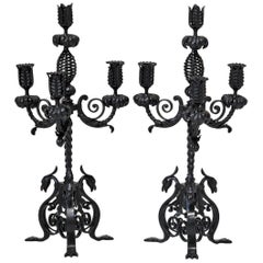 Antique Pair of Iron Candelabras with Phoenix Decor, France, circa 1880s