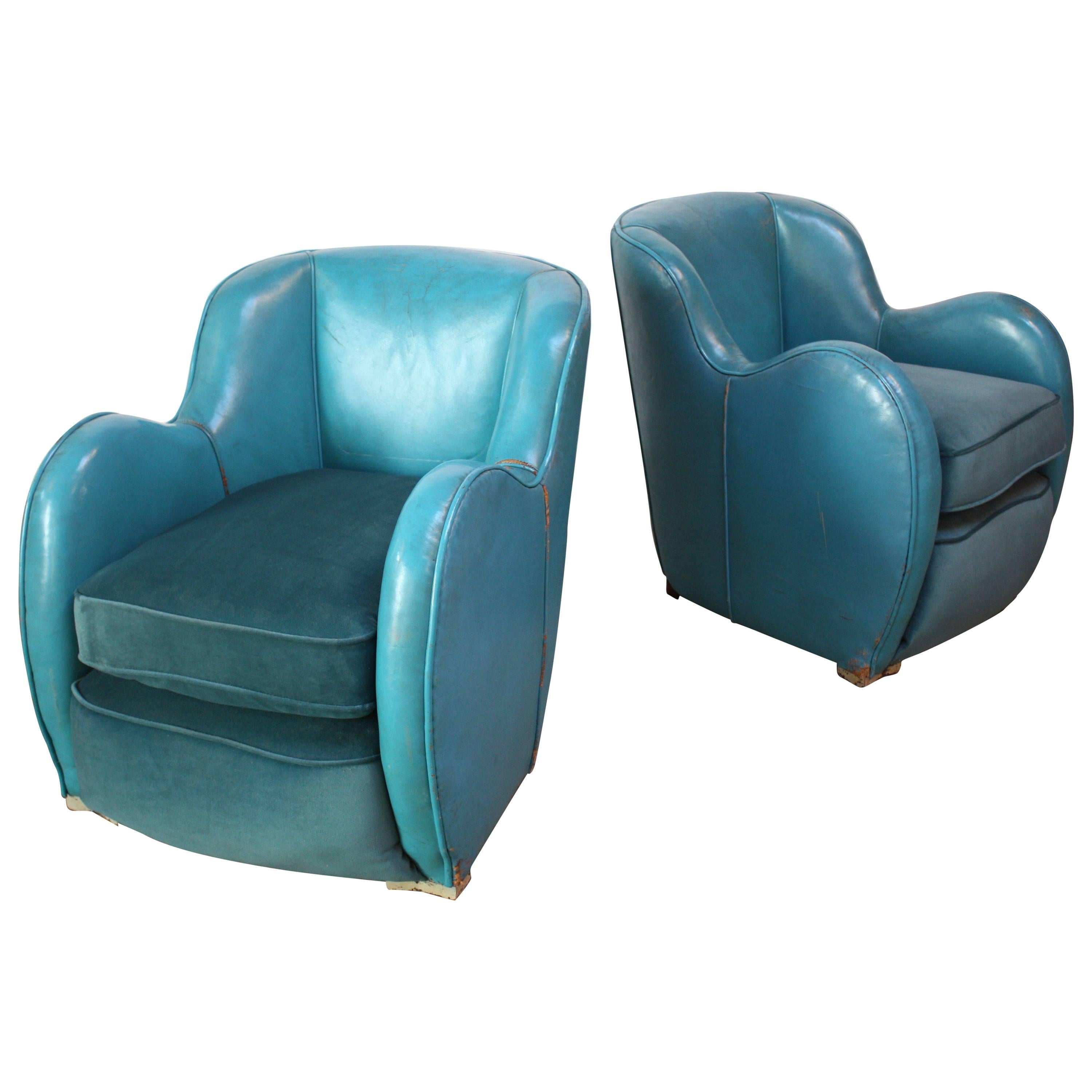Scandinavian Deco Club Chairs in Blue Leather and Velvet