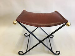 Pair French Modern Neoclassical Iron Benches, Stitched Leather Seats Attr. Subes