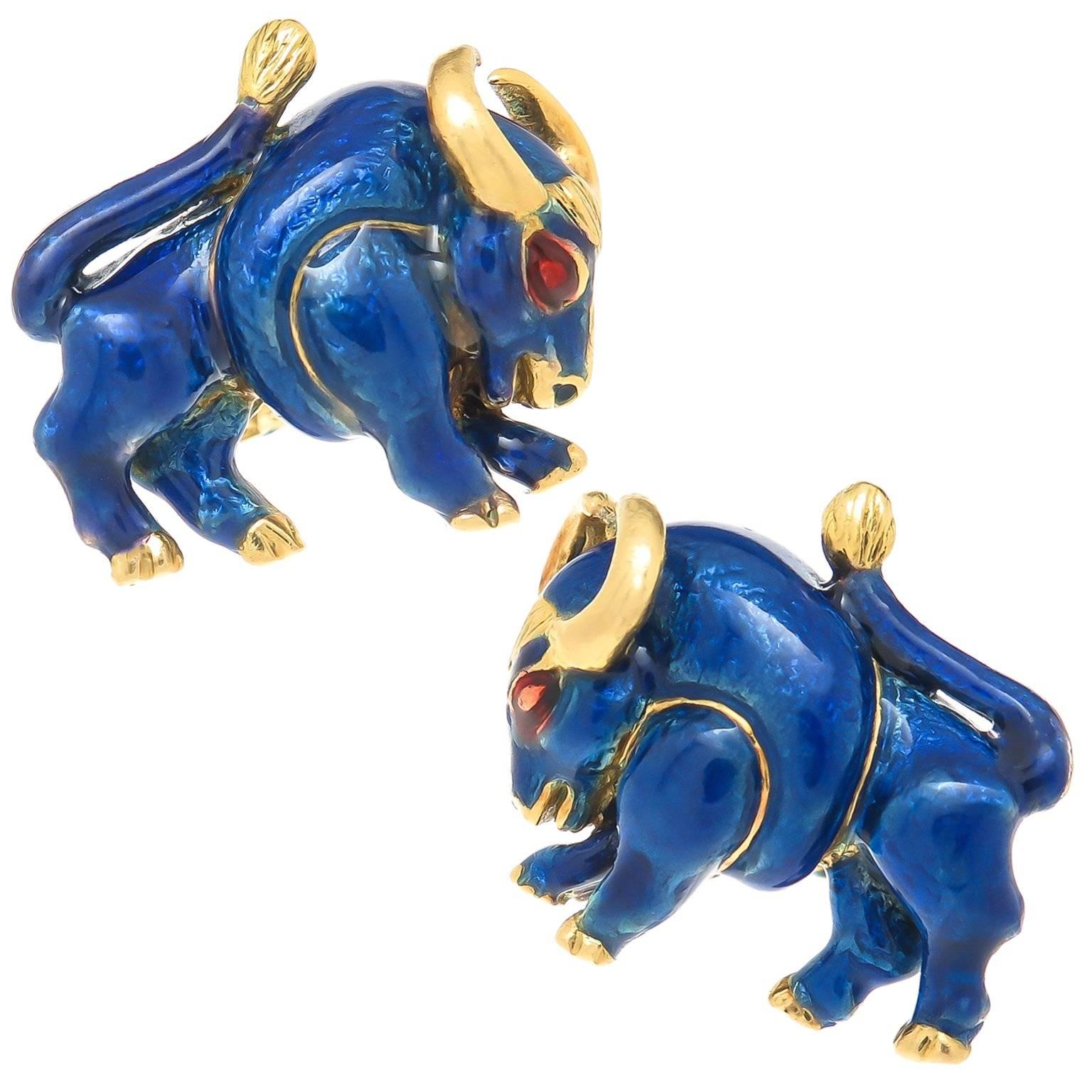 1990s David Webb Enamel Gold Large Bull Cufflinks