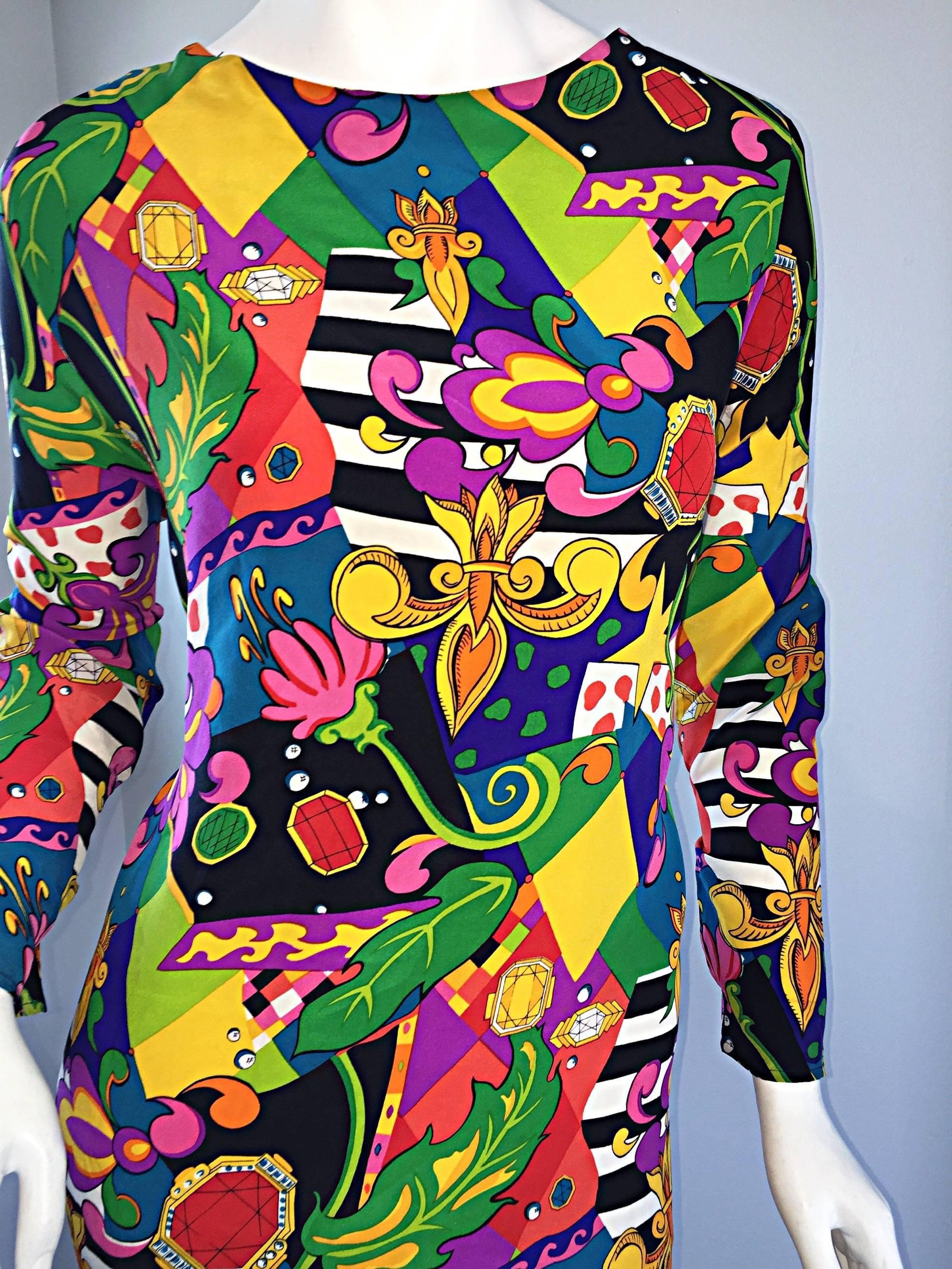 Vintage I. Magnin Silk Size 12 Dress w/ Multi Layered Psychedelic Jewel Prints In Excellent Condition In San Diego, CA
