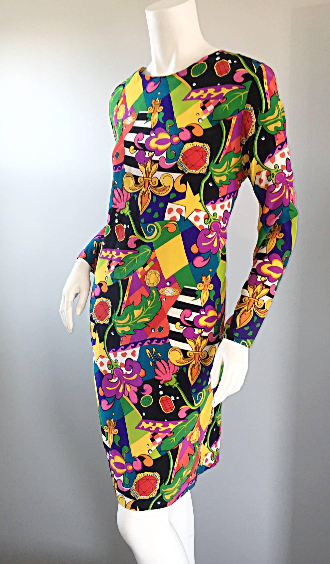 Vintage I. Magnin Silk Size 12 Dress w/ Multi Layered Psychedelic Jewel Prints 1
