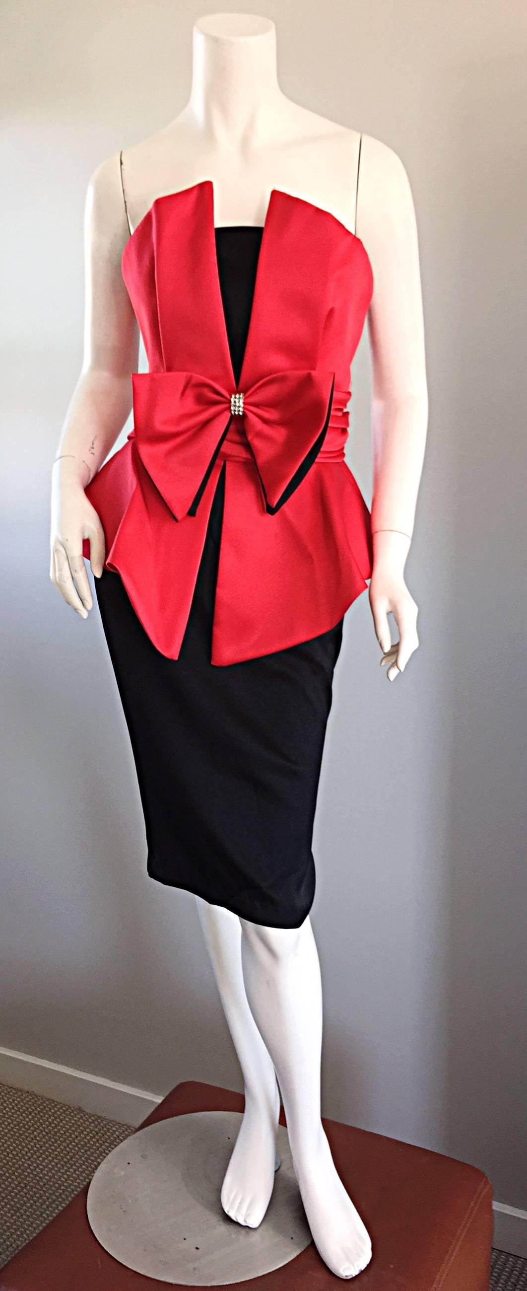 Chic vintage 80s red and black Avant Garde dress! Features convertible straps, that can easily be tucked in for a strapless look. Attached bow at waist, encrusted with rhinestones. Looks amazing on! In great condition. Approximately Size