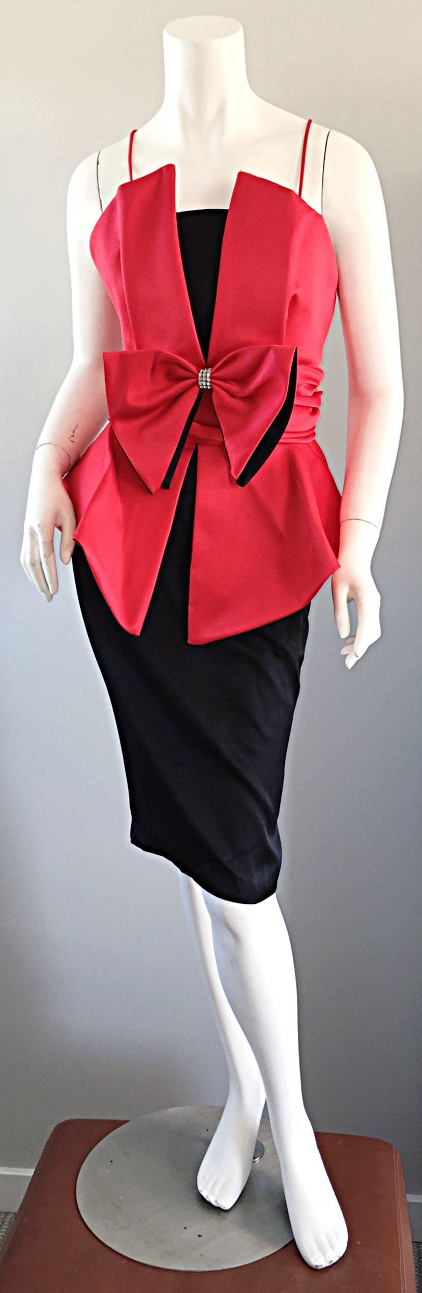 Women's 1980s 80s Red + Black Avant Garde ' She - Devil ' Vintage Bow Rhinestone Dress