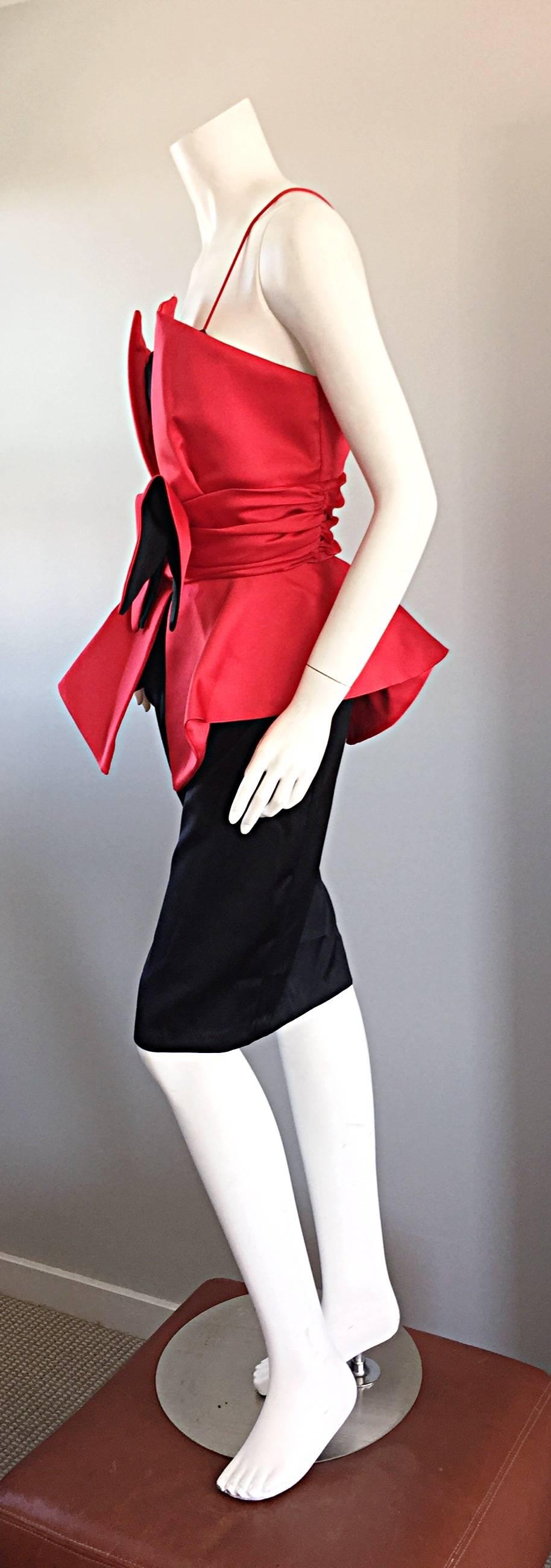 1980s 80s Red + Black Avant Garde ' She - Devil ' Vintage Bow Rhinestone Dress 1
