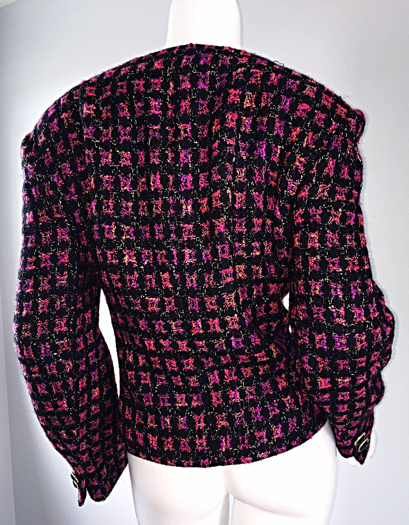Vintage Jaeger 1990s Fantasy Tweed Purple + Pink + Black Metallic Blazer Jacket For Sale 1