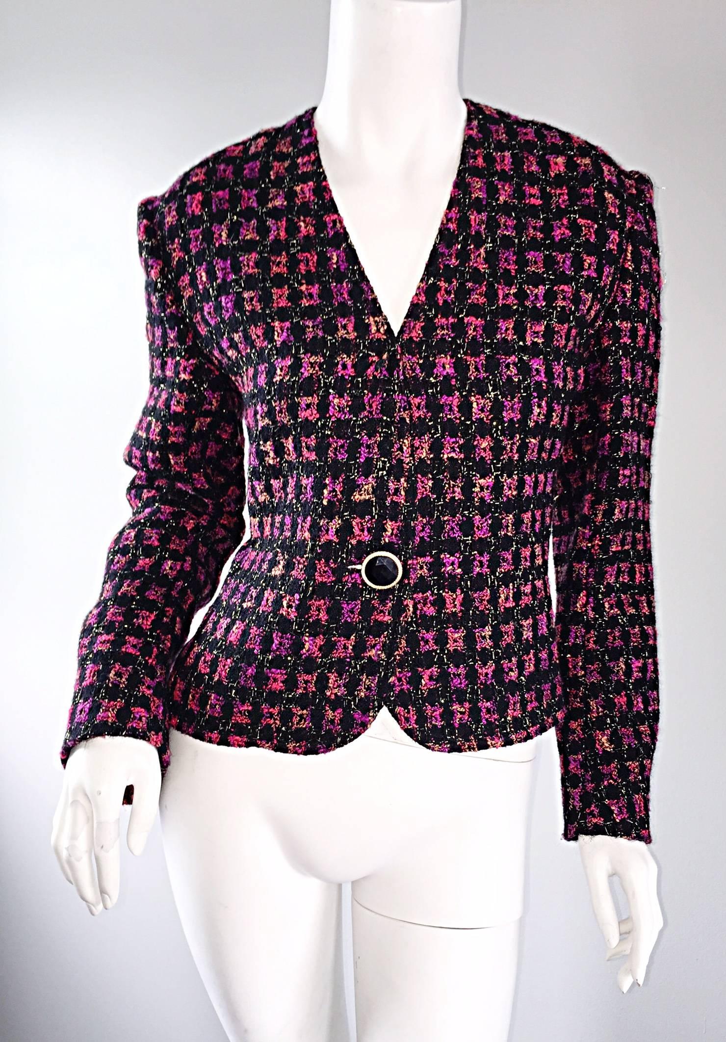 Beautiful vintage 90s Jaeger 'Fantasy Tweed' metallic multi-colored fitted blazer! Wonderful checkered print in purple, pink and black! Large single black opal button at waist, with hidden hook-and-eye below bust. Extremely versatile: Looks great