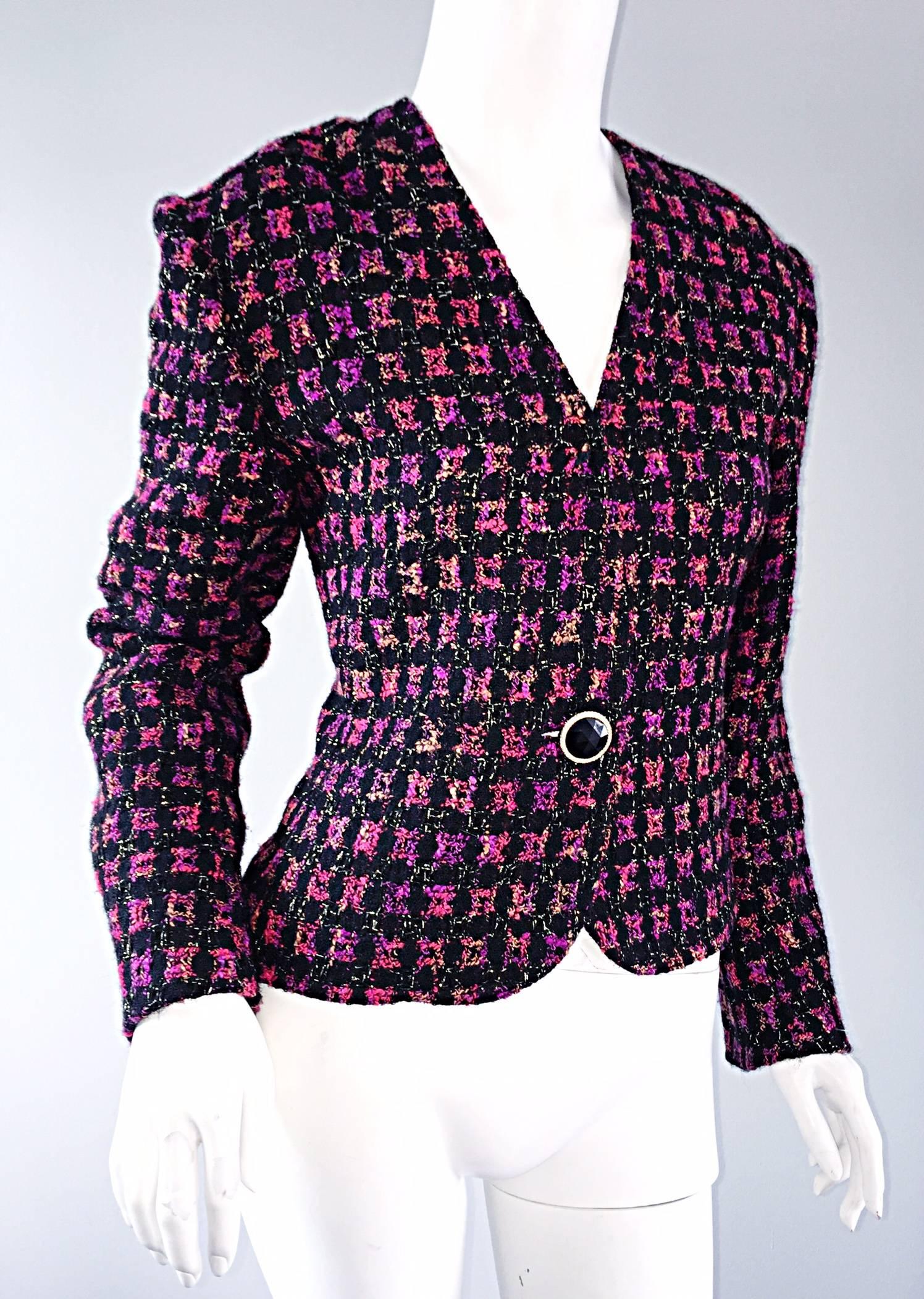 Vintage Jaeger 1990er Fantasy Tweed lila + rosa + schwarz Metallic Blazer Jacke (Schwarz) im Angebot