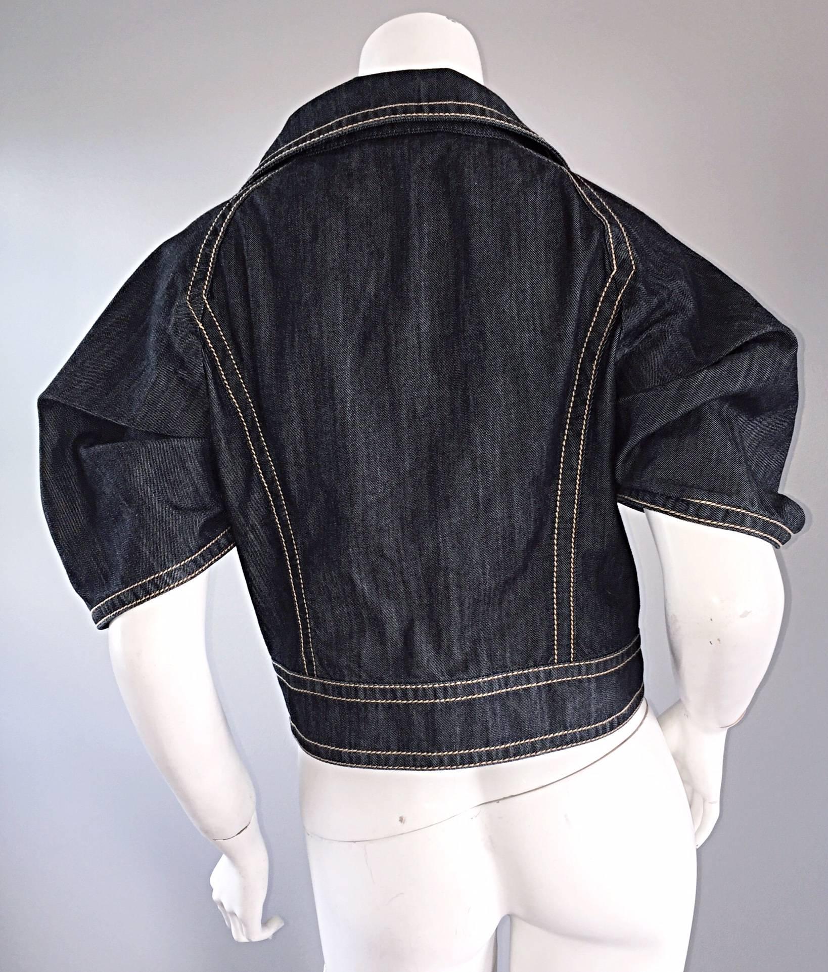Women's 2000s Escada Dark Denim Size 38 / 8 Short Sleeve Origami Chic Blue Jean Jacket