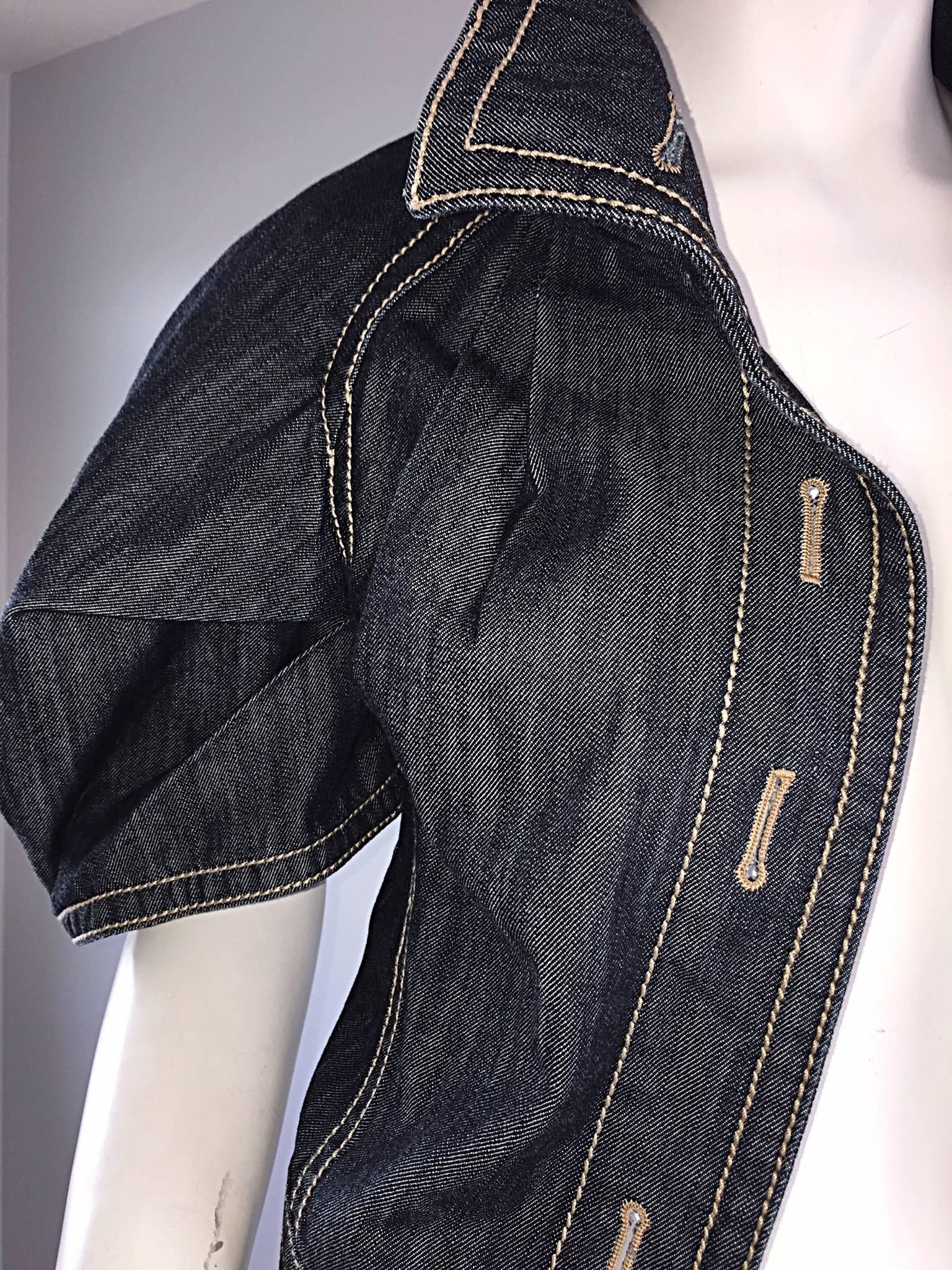 Black 2000s Escada Dark Denim Size 38 / 8 Short Sleeve Origami Chic Blue Jean Jacket