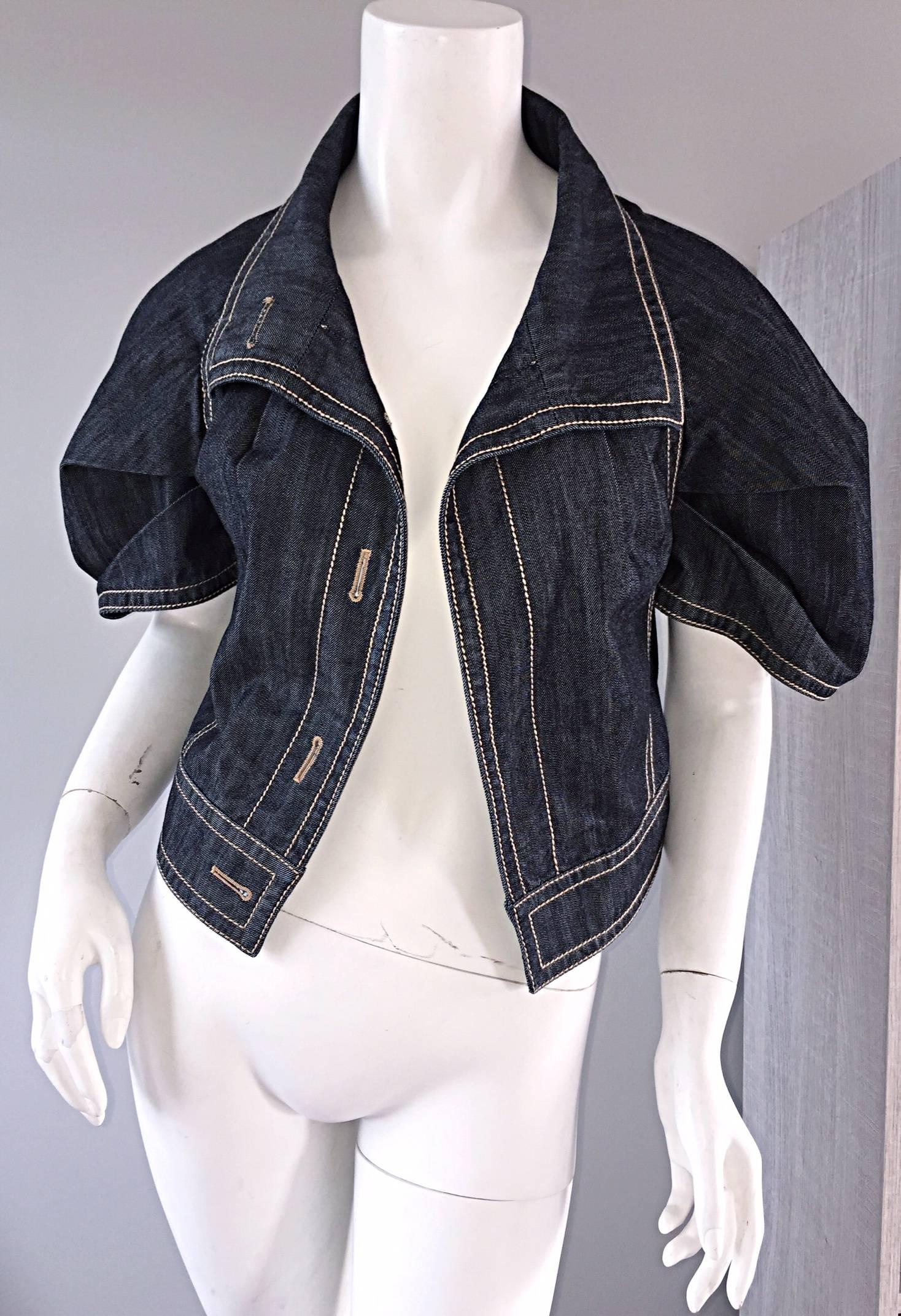 2000s Escada Dark Denim Size 38 / 8 Short Sleeve Origami Chic Blue Jean Jacket 1