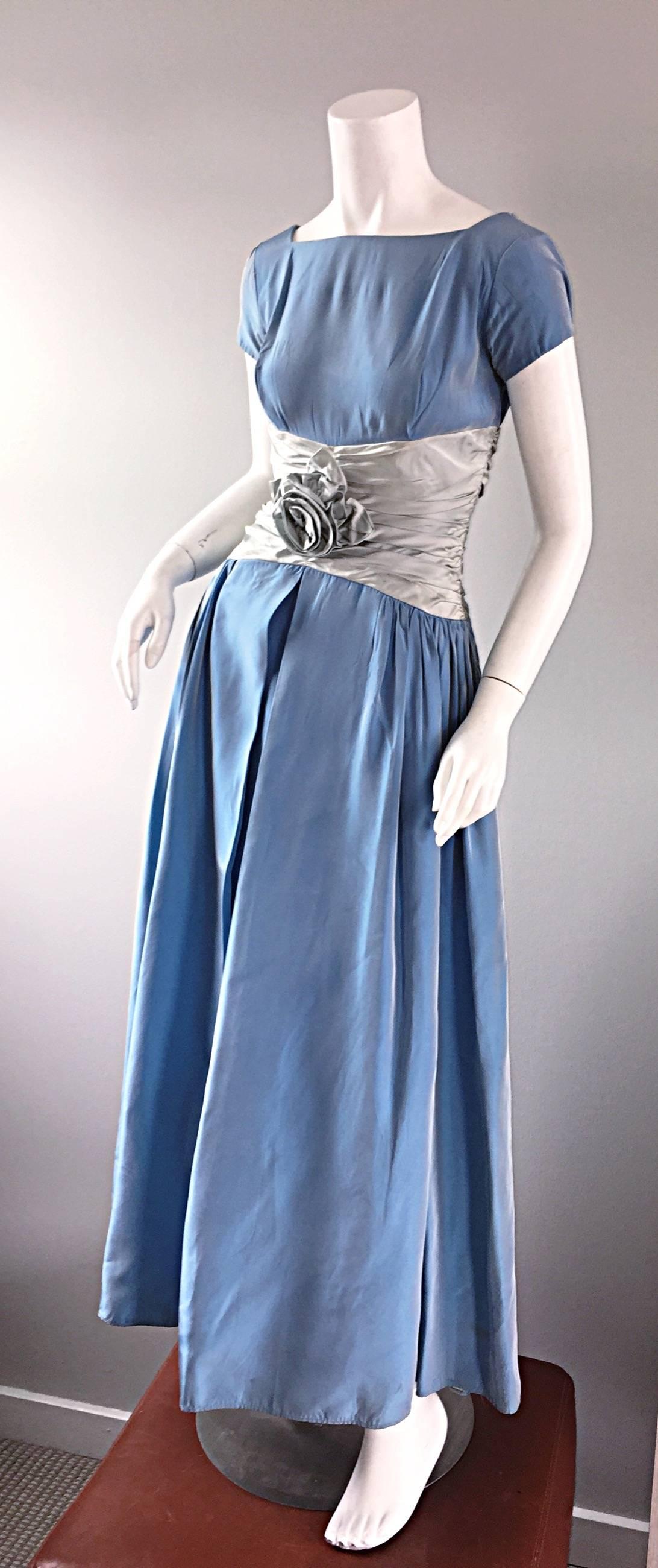 Women's Beautiful 1950s 50s Blue + Silver Silk Taffeta 