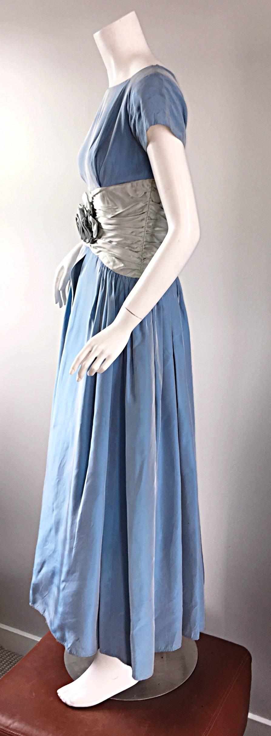 Beautiful 1950s 50s Blue + Silver Silk Taffeta 