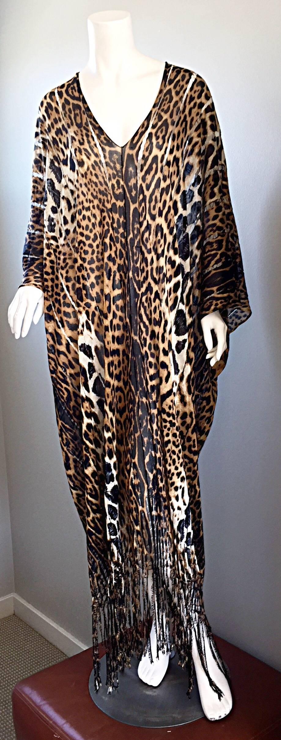 Rare Iconic Yves Saint Laurent Tom Ford Leopard Cheetah Silk Fringed Caftan YSL In Excellent Condition In San Diego, CA
