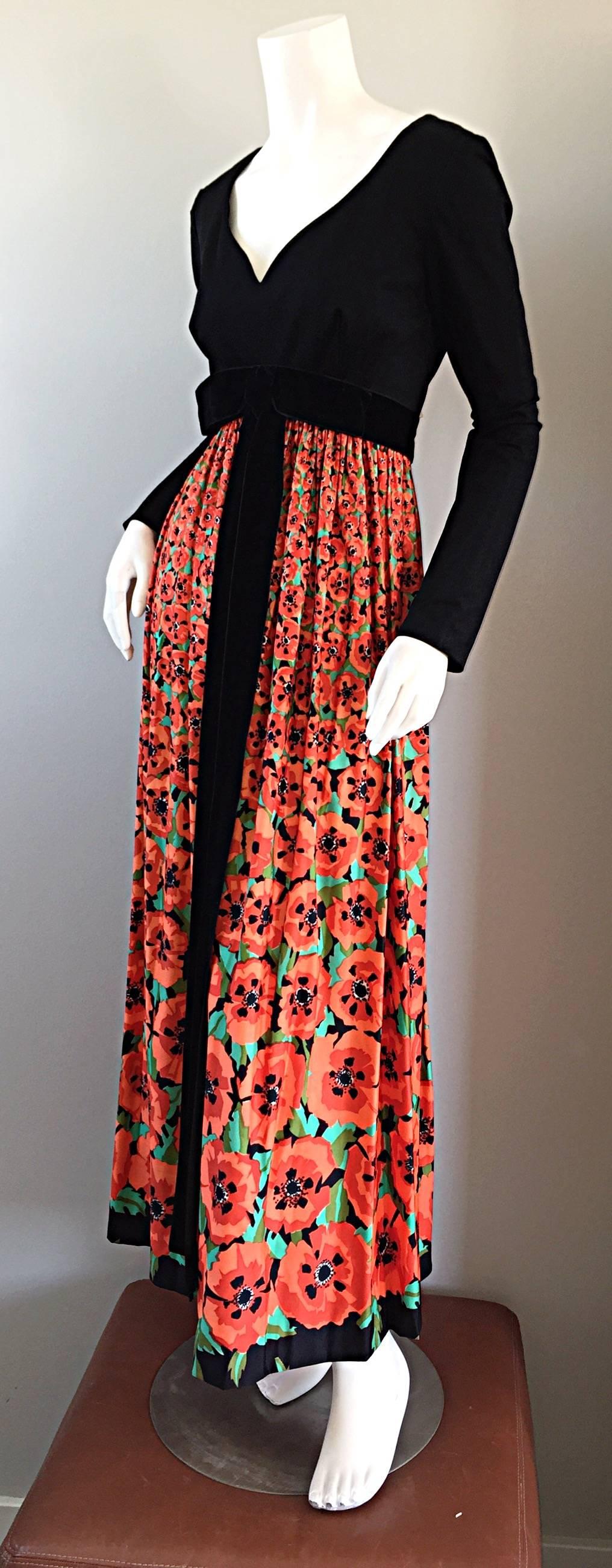 Vintage Joseph Magnin 1970s ' Hibiscus ' Print 70s Boho Maxi Dress w/ Bow 1