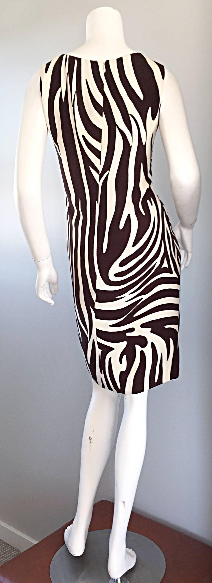 Women's Chic Vintage Bill Blass FW92 Brown + Ivory Silk Zebra Safari Runway Dress
